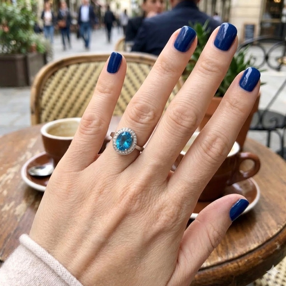 Ben Bridge 14K White Gold Swiss Blue Topaz & Diamond Halo Ring